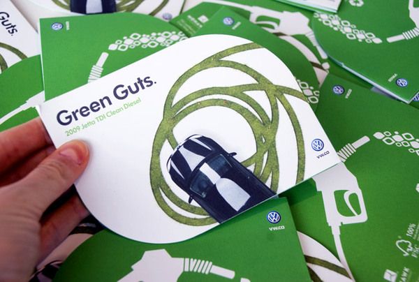 This is the outside view of a brochure of Volkswagen for their Green Guts campaign.