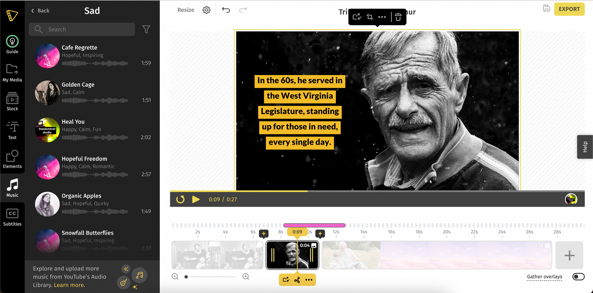 Upload your own sound track or choose a tune from our music library.