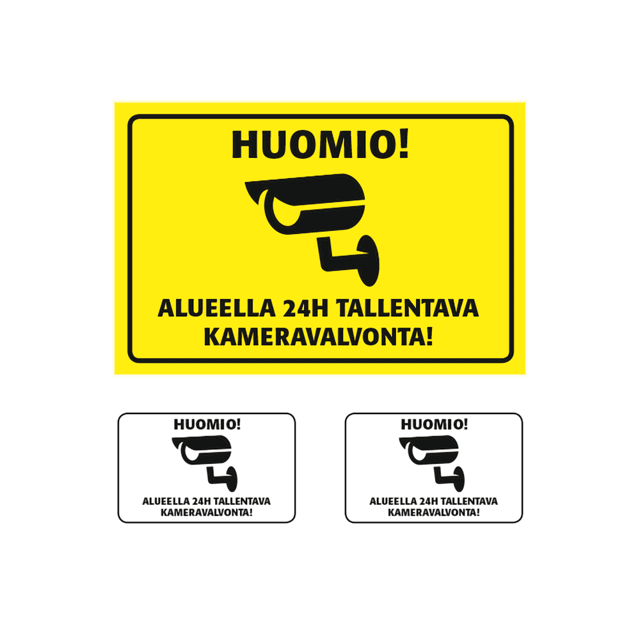 Yellow plastic surveillance sign and two white surveillance stickers